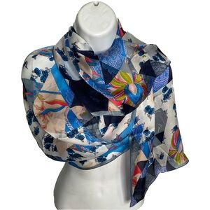 Max Studio 100% Silk Blues Whites Floral Unique Design; Eclectic Colorful Scarf